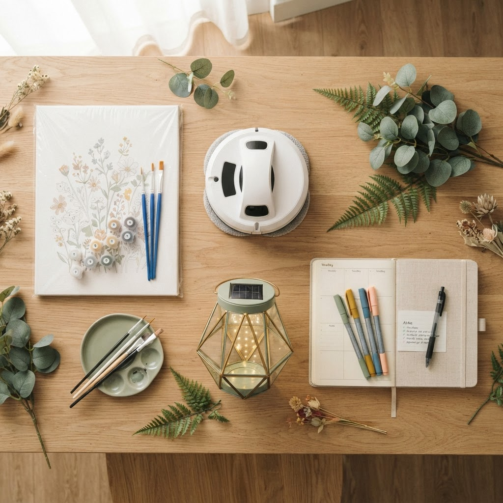 A flat-lay styling of home and garden lifestyle products including a robotic window cleaner, a solar garden lantern and a paint-by-numbers kit
