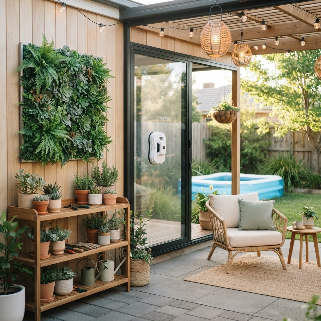 A bright backyard patio styled with artificial greenery, solar garden lights and lifestyle products